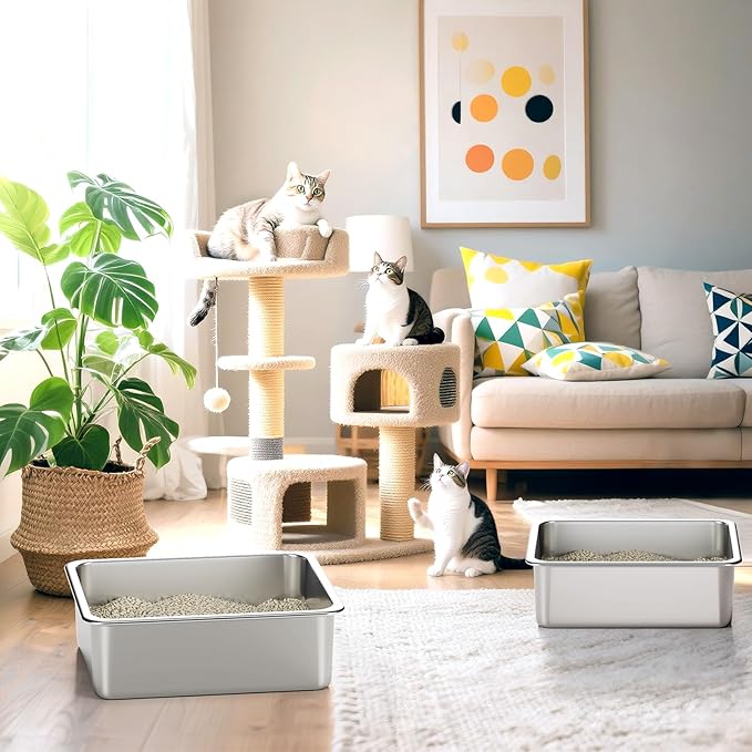 Stainless Steel Cat Litter Box - Large Metal High-Sided Litter Pan for Cats, Rabbits, and Pets, Non-Stick, Odor-Free, Easy to Clean, Splash-Proof, Sturdy and Durable Indoor Cat Toilet Supplies