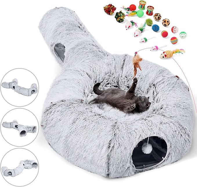 Odoland 5 Shapes Cat Tunnels with Fluffy Bed - Indoor Cats Cave Tunnels with 20 Pet Toys, DIY Kittens Donut Tunnel and Variety Kitten Toy Set for Puppy Rabbit