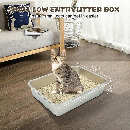 Rypet 2 Packs Stainless Steel Litter Box Metal Litter Box for Cats High Back Litter Boxes Non-Stick Cat Poop Box,Easy to Clean(17.7"*13.8"*3.9")