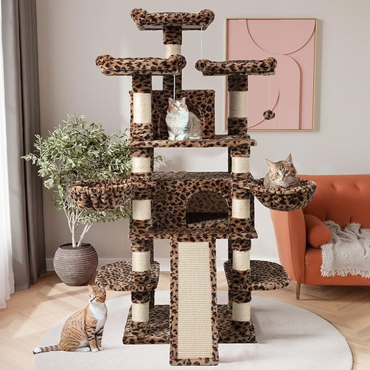SHA CERLIN 68 Inches Multi-Level Large Cat Tree for Large Kitties/Big Cat Tower with Condo/Cozy Plush Pussycat Perches/Sisal Scratching Posts and Hammocks/Activity Center/Leopard Print