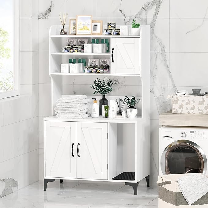 Large Cat Litter Box Enclosure Furniture with 3 Open Shelves and Storage Cabinet, Farmhouse Cat House Washroom with Scratch Pad, Modern Wood Pet House Side End Table for Livingroom Bedroom