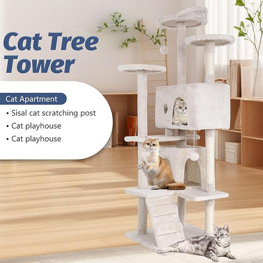 BestPet 70in Cat Tree Tower for Indoor Cats,Multi-Level Cat Furniture Activity Center with Cat Scratching Posts Stand House Cat Condo with Funny Toys for Kittens Pet Play House (Cream, 70in)