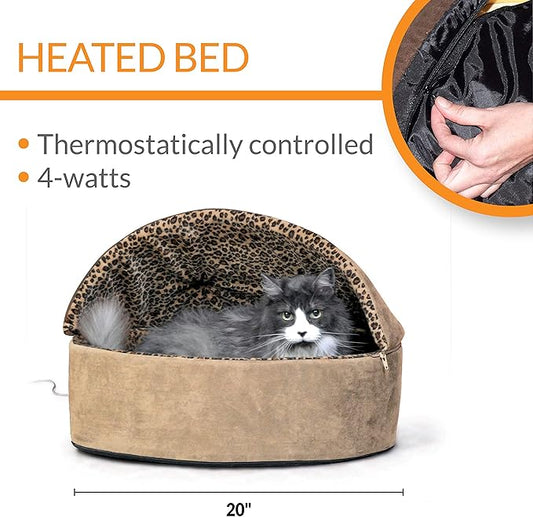 K&H Pet Products Thermo-Kitty Bed Deluxe Heated Cat Bed for Large Kitties - Indoor Heated Pet Bed for Dogs & Cats, Covered Cave Pet Tent, Machine Washable, Safety Listed - Large 20in Tan/Leopard