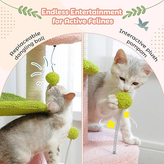 PAWZ Road Flower Cat Tree Pink 32” Small Cat Tower Cat Scratching Post with Curved Perch, Cozy Cats Condo Removable Flower Bed for Kittens and Small Cats-Pink