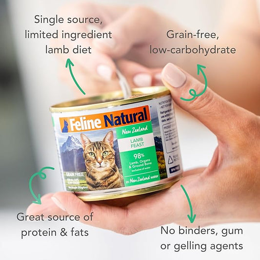 Feline Natural New Zealand Canned Catfood Wet Food, High-Meat, Low-Carb, & Grain Free Cat Food Wet, Lamb Feast, 6 oz, Pack of 12