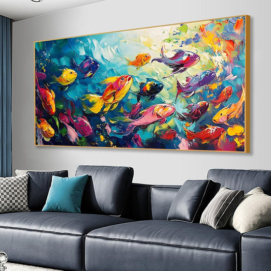 School of Fish Printed Canvas Wall Art – Framed Abstract Ocean Print – Vibrant Fish Wall Decor for Living Room, Bedroom, Office (Gold Framed, 47"x23"|120x60cm)