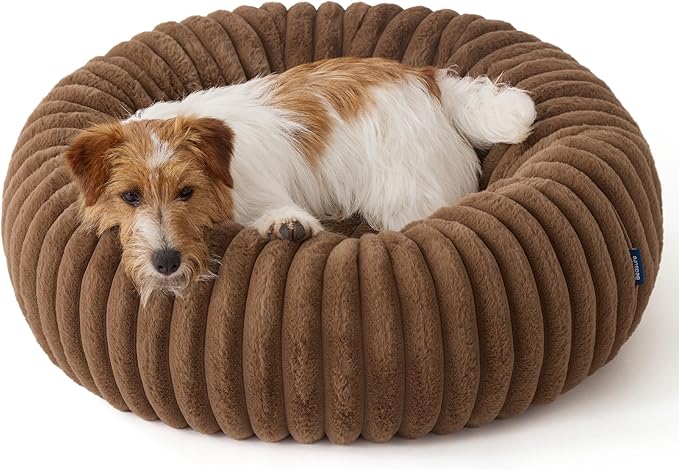 Bedsure Donut Small Dog Bed - Dog Beds for Small Dogs with Corduroy Fleece & Anti Slip Bottom, Round Faux Fur Pet Beds with Washable Removable Cover, Copper Brown, 27x27x8 inches