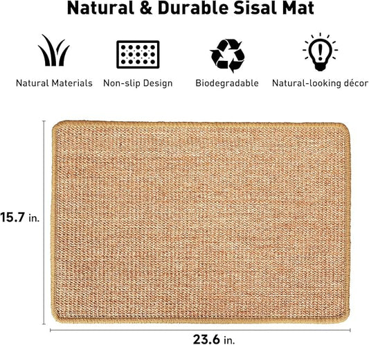 FUKUMARU Cat Scratcher Mat, 23.6 X 15.7 Inch Natural Sisal Cat Scratch Mats, Horizontal Cat Floor Scratching Pad Rug with Sticky Tapes, Protect Couch and Carpets
