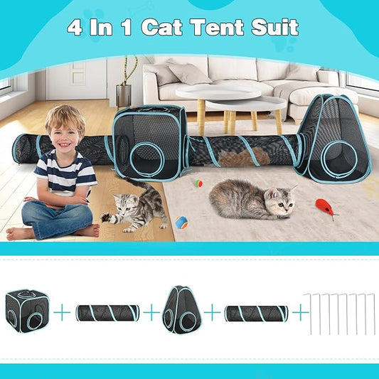 9.45FT Outdoor Cat Enclosures Portable Cat Playhouse, Pop Up Cats Tent with 33.86x 11.81IN Double Kitty Tunnels DIY in Multiple Ways, Cats Playpen Play Tents for Rabbits and Small Animals