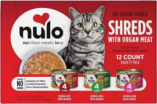 Nulo Real Shreds with Organ Meat Wet Canned Cat Food, Variety Flavors, 2.8 Ounce, 12 Cans