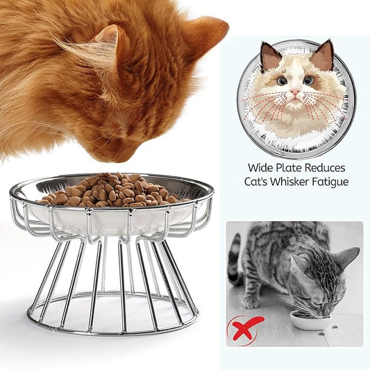 Cat Bowls, Elevated Bowl, Raised Ceramic Dish with Metal Stand, Pet Water or Food Feeding Station for Indoor Cats, Kitten,Dishwash Safe