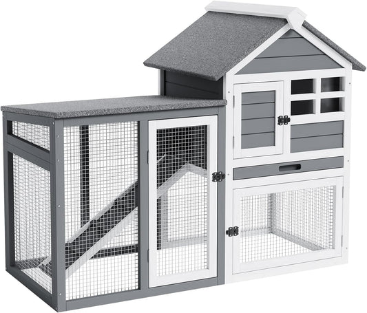 Rabbit Hutch 2-Tier, Small Wooden Chicken Coop for Outdoor Use - Weatherproof Small Animal Hutch with Non-Slip Ramp, 4 Access Doors & Removable Tray for Rabbits, Guinea Pigs, Ferrets (Indoor/Outdoor)