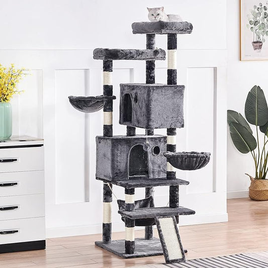 Cat Tree for Indoor Cats Large Adult, 66.9 Inches Multi-Level Tall Cat Tower with Sisal Scratching Posts, Large Plush Perches, Spacious Condos, Baskets, Hammock & Scraping Ladder (Dark Gray)