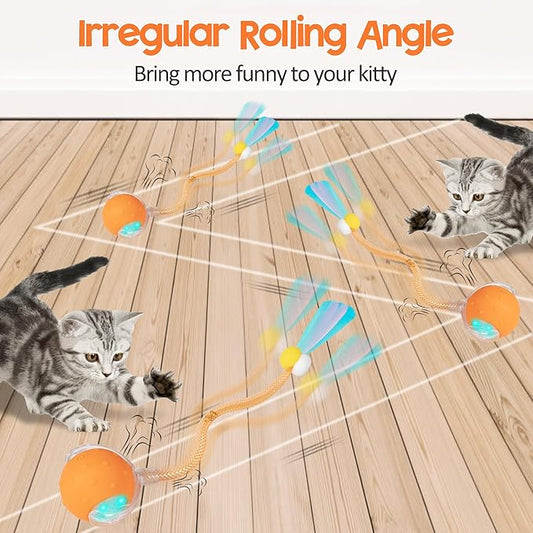 Interactive Cat Toys Ball for Indoor Cats, Automatic Moving Ball Toy with Elastic Mesh Tail, Chirping & Obstacle Avoidance and Motion Activated, Orange【Rechargeable】