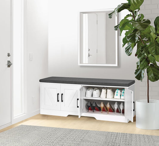 2-Tier Storage Bench, Shoe Bench with Padded Seat Cushion, Entryway Bench with 4 Barn Doors, Adjustable Shelf, 13.8" D x 47.2" W x 17.7" H, for Entryway, Living Room, Bedroom, White