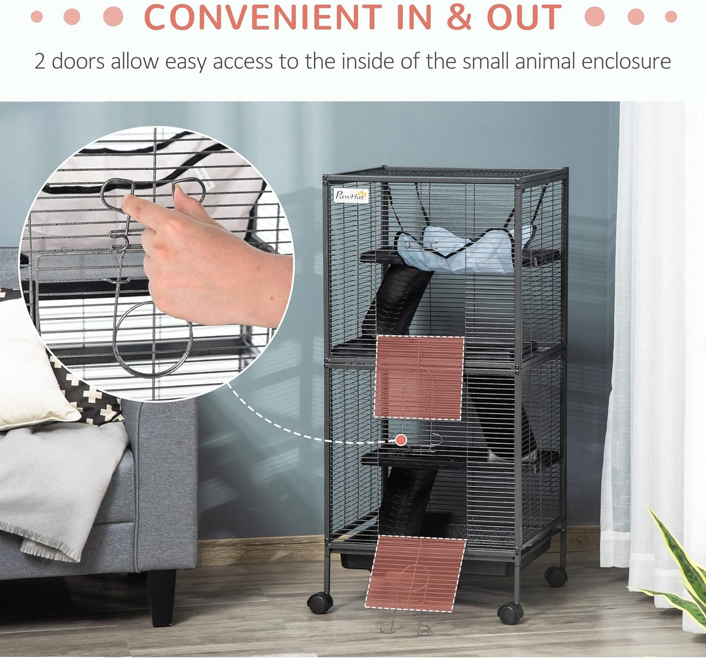 PawHut Metal Small Animal Cage, 4-Tiers Rolling Big Ferret Cage with Hammock, Removable Tray, for Chinchilla, Sugar Glider, Gray