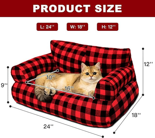Cat Couch Bed - Cat Bed for Indoor Cats, Calming Pet Sofa Puppy Sleeping Bed with Removable Washable Cover, Cute Dog Couch and Kitty Lounge Chair for 18lbs Cats & Small Dogs(Red & Black)
