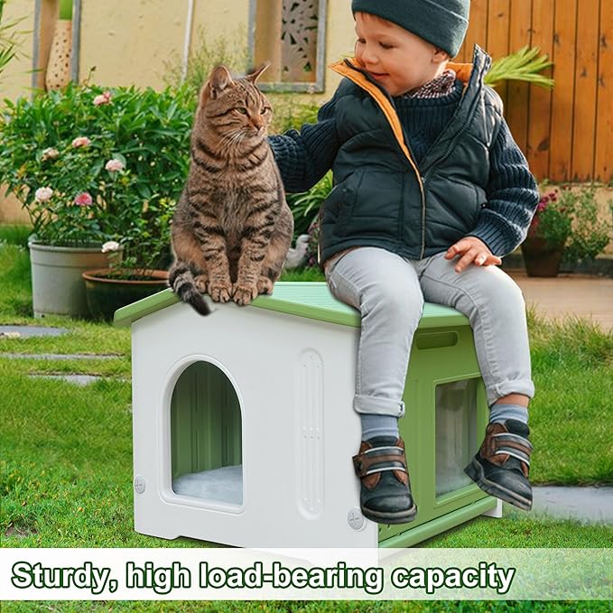 Plastic Cat House for Outdoor Use, Stackable Feral Cat Shelter Indoor Outside Cat House Insulated Weatherproof Waterproof with Cat Mat - Green