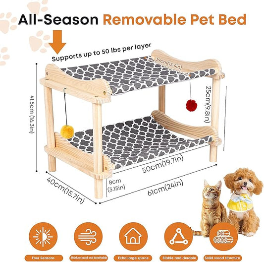 2-Layer Cat Hammock Bed, 24"x15.7"x16.3" Elevated Cat Bed with Pine Wood Frame, Breathable Washable Covers, Wooden Pet Furniture for Indoor Cats and Small Animals (Grey-2)