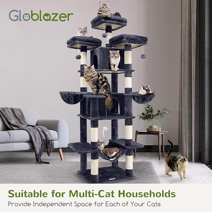 Globlazer Big Cat Tower for Indoor Cats, 80inch Cat Tower for Multiple Adult Cats XXL Cat Tree with Scratching Post, Hammock, 3 Perches, 2 Condos, 2 Hanging Basket, F80, Dark Grey