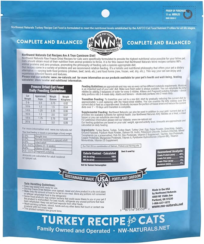 Northwest Naturals Freeze-Dried Turkey Cat & Kitten Food – Bite-Sized Nibbles – Healthy, Limited, Human-Grade Ingredients, All-Natural, High-Protein Raw Diet – Complete & Balanced, Made in USA, 11 oz
