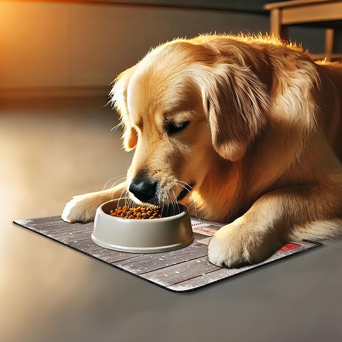 Lunarable Christmas Pet Mat for Food and Water, Concept Photo with Present Boxes Front of Wooden Wall and Snowflake Frame, Non-Slip Rubber Mat for Dogs and Cats, 18" X 12", Burgundy Grey