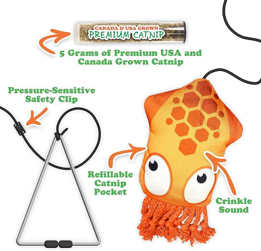 Meowijuana Jump 'n' Jamb Door Hanging Cat Toy | Deep Sea Squid | Refillable Interactive Catnip Toy | Promotes Play and Cat Health | Includes Potent Catnip Grown in North America