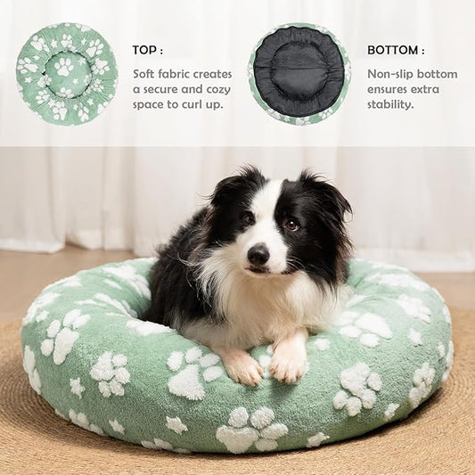 Donut Dog Beds for Medium Dogs, Calming Round Cat Beds for Indoor Cats, Cute 3D Textured Paw Pet Bed with Removable Washable Cover and Anti-Slip Bottom(Green,30")