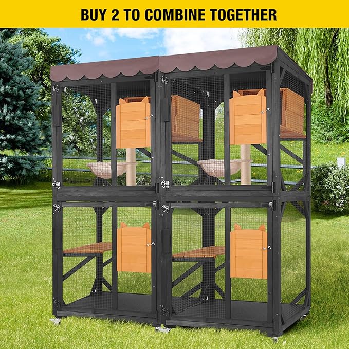 Aivituvin Outdoor Catio Cat Enclosures on Wheels Cat House 70.9" Large Kitty House with Upgraded Resting Box,Waterproof Roof Cover,Brown