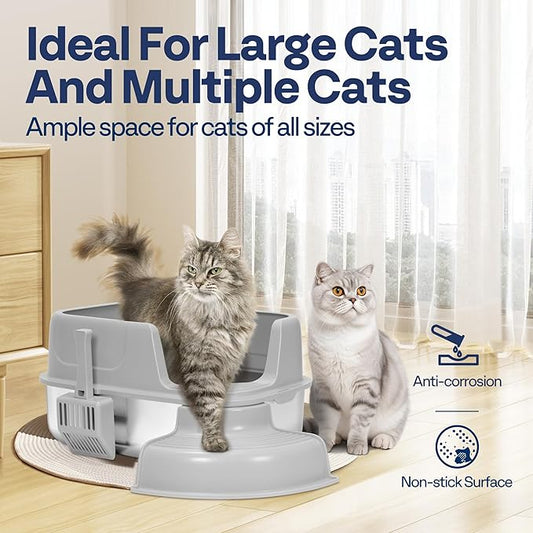 VIVOHOME XL Stainless Steel Cat Litter Box with Cover and Steps, 23'' x 17'' x 12'' Large Metal Litter Box for Cats with Scoop, Easy to Clean, Non-Slip, Ideal for Big or Multiple Cats, Light Gray