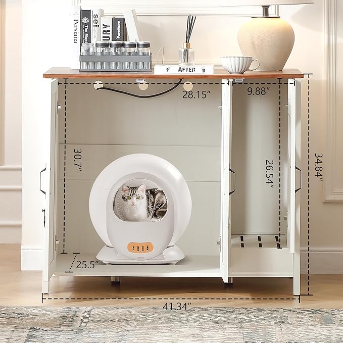 Cat Litter Robot Enclosure, Automatic Litter Box Enclosure for Litter Robot 3/4,Cat-Exclusive entrace for Dog Proof and Fun,Power Outlet for cat Litter Cabinet,Litter Collector,Antique White
