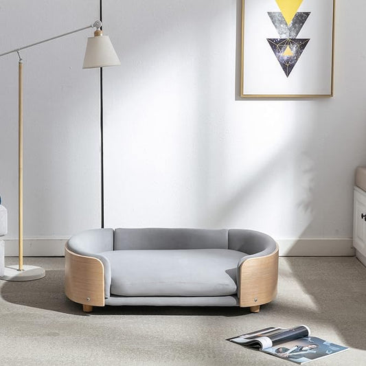 HomSof 38.58" Scandinavian Style Elevated Dog Cat Bed Pet Sofa with Solid Wood Legs and Bent Wood Back with Velvet Cushion,Large Size,Light Grey