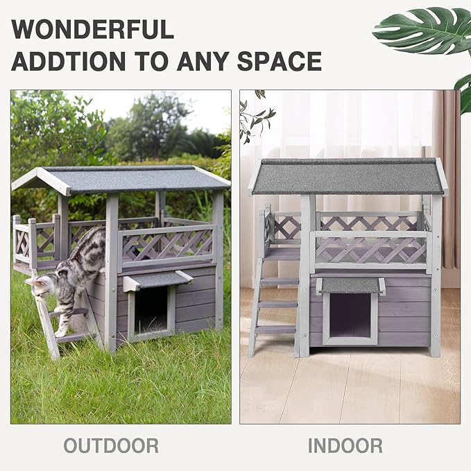 Cat House Outdoor Indoor Feral Cat Shelter Wooden Kitty House with Stairs, Balcony&Weatherproof Roof