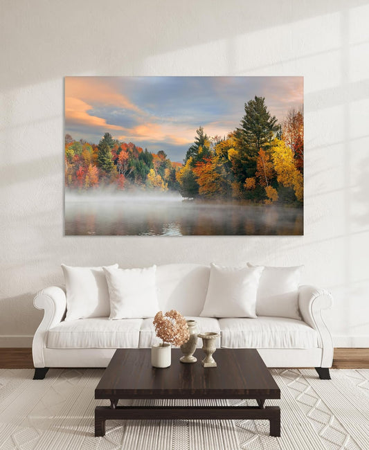 Nature Wall Art Prints - Ocean Forest Mountain Lake Canvas Landscapes - Small to Extra Large Living Room Bedroom Kitchen Bathroom Décor (Misty Fall Reflection, 31L" x 47W")