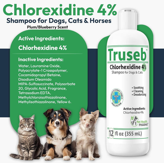 Truseb Topical Chlorhexidine 4% Shampoo for Dogs, Cats & Horses (12 oz)- with Aloe for Cleansing (Chlorhexidine 4% Shampoo, 12 oz)