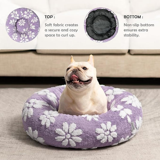 Donut Dog Beds for Small Dogs, Calming Round Cat Beds for Indoor Cats, Cute 3D Textured Flower Pet Bed with Removable Washable Cover and Anti-Slip Bottom(Purple,23")