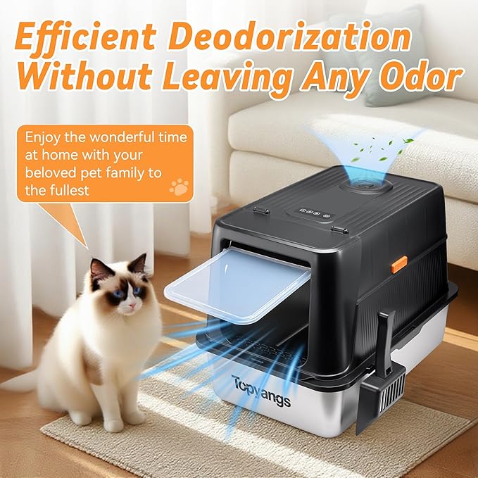Odor-Control Stainless Steel Litter Box, 135° Flip-Top Metal Cat Litter Box with Electric Deodorization, Enclosed High Sided Litter Pan, Breeze Litter Box System, Anti-Urine Leakage