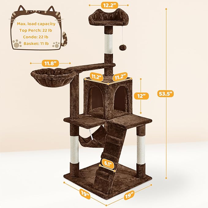 Yaheetech 54in Cat Tree, Multi-Level Cat Tower with Scratching Posts, Spacious Condo and Hammock, Ideal Activity Center for Indoor Kittens, Brown