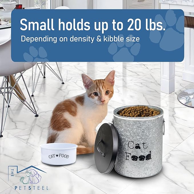 Medium 30lb Cat & Small 20lb Dog Pet Food Storage Canister with Scoop – Durable & Airtight for Freshnesss, Minimalist Design & Recyclable, Medium Metal Container(Combo - Small Dog Bin & Med Cat Bin)