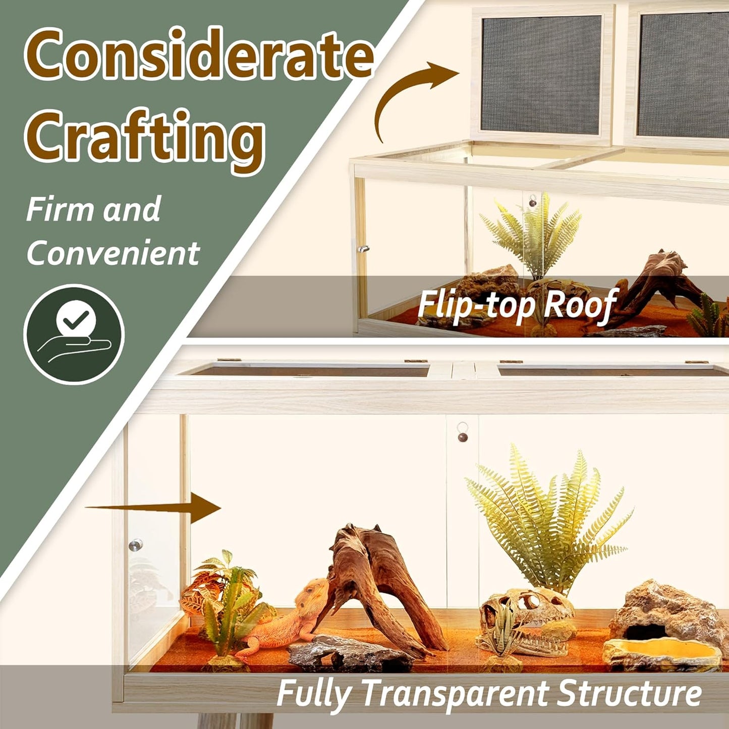 PROLEE Tempered Glass Reptile Enclosure with Leg,24“ Scratch-Proof Bearded Dragon Tank,28 Gallon Lizard Tank with Metal Mesh Tops and Lockable Door,Spacious Reptile Habitat for Snake,Lizard (Oak)