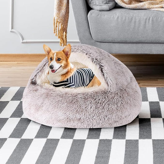 Coffee Round Hooded Cat & Dog Bed - Faux Fur Cuddler Cave, Self-Warming Donut Bed, Fits up to 22 lbs Pets (24x24 inch)