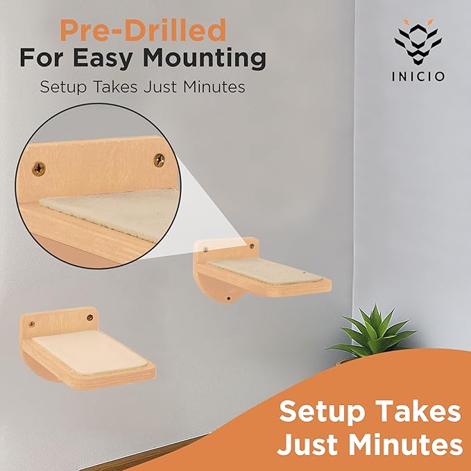 INICIO Cat Wall Stairs, Natural Wood - Set of 3 Wall Steps for Cats to Climb with Fixtures, 9.3"x4.7" - Floating Steps for Climbing or Playing - for Kittens and Adult Cats