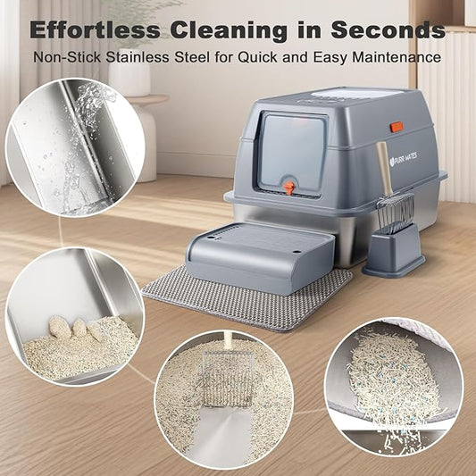 Stainless Steel Extra Large Covered Litter Box with High Sides Enclosed Lid for Big Tall Multiple Indoor Cat,Deep Metal,Jumbo Hooded,Low Entry Design for Dog Proof,Odor Control,Easy Clean,No Mess