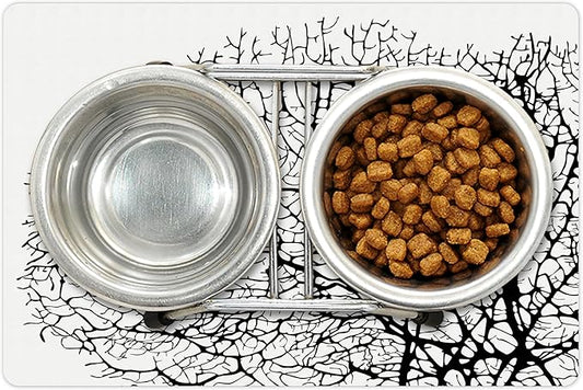 Lunarable Nature Pet Mat for Food and Water, Silhouette of Twisted Coral Reef Branches in Minimalist Tones Underwater Design, Non-Slip Rubber Mat for Dogs and Cats, 18" X 12", Black Print