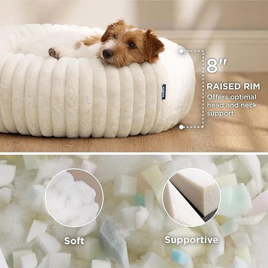 Bedsure Donut Small Dog Bed - Dog Beds for Small Dogs with Corduroy Fleece & Anti Slip Bottom, Round Faux Fur Pet Beds with Washable Removable Cover, Cream, 27x27x8 inches