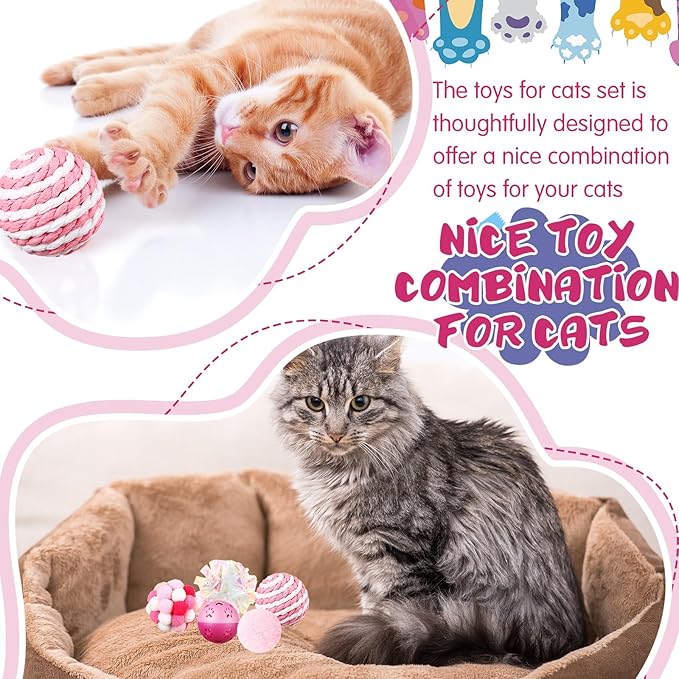 46 Pcs Cat Toys Set Interactive Cute Cat Toys Include Fur Mice Rattle Springs Crinkle Balls Pompom Bell Sisal Ball Puzzle Chase Toys for Kitten Indoor Stuff Gift(Pink)