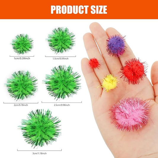 100Pcs Color Flash Cat Toy Balls, Craft Cat Toy Balls with Tinsel, Soft Fluffy Puff Ball for Crafts, Sparkle Glitter Cotton Ball for Kittens Exercise