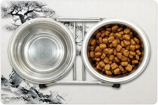 Lunarable Asian Pet Mat for Food and Water, Lone Pine on Mountain Slope Art Traditional Chinese Painting Style Oriental Culture, Rectangle Non-Slip Rubber Mat for Dogs and Cats, Grey White