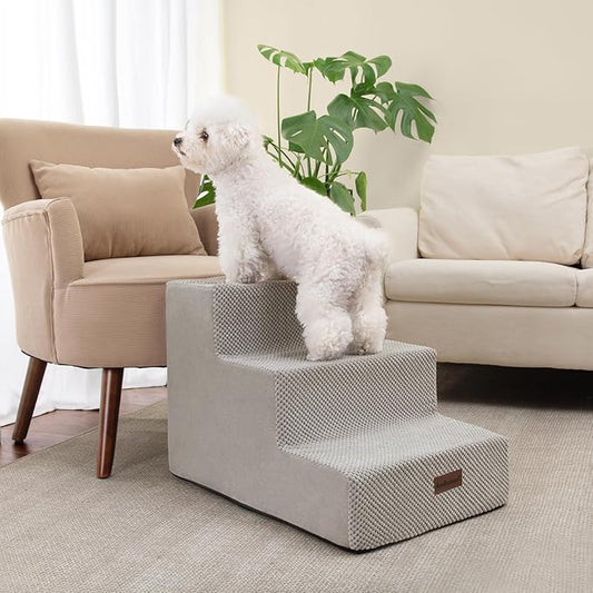 Dog Stairs for Small Dogs & Cats, 3-Step Extra Wide Non-Slip Pet Steps for Couch Sofa and Chair, Light Grey, 15.7" H