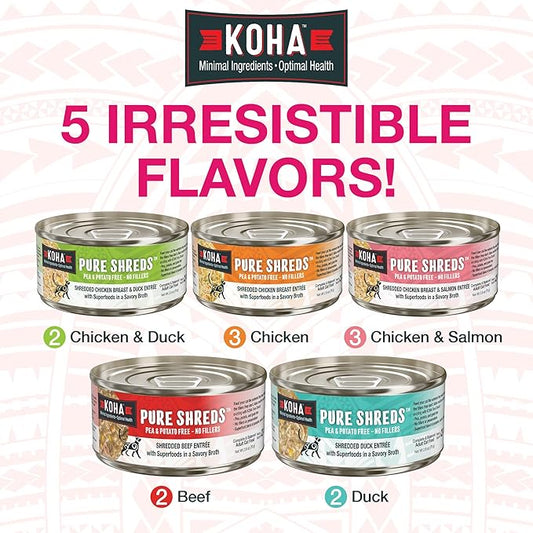 KOHA Pure Shreds Cat Variety Pack, High Protein Wet Cat Food - 5 Flavors - Beef, Duck, Chicken & Duck and Chicken & Salmon Food for Cats - 2.8 oz Cans, Pack of 12